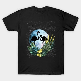 Flamingo shades blue moon and flowers T-Shirt